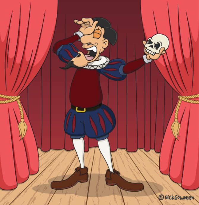 Cartoon actor | A theatre themed actor cartoon holding a skull